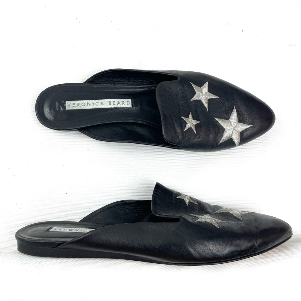 Veronica Beard Black Open Back Leather Star Embroidered Flats 40